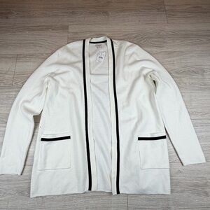 J. Crew Tipped Open Front White Cardigan Sweater Cotton Women’s L Academia New